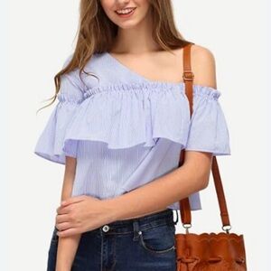 ZARA ASYMMETRIC BLUE WHT STRIPED PEPLUM TOP W RUFFLE DETAIL Ref. 2311/417/250 M